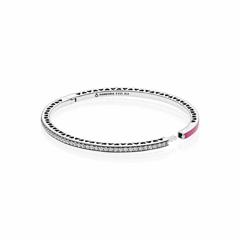 Pandora Radiant Hearts Bangle Bracelet Ireland - Sterling Silver/Enamel/Pink/Cubic Zirconia - 309812